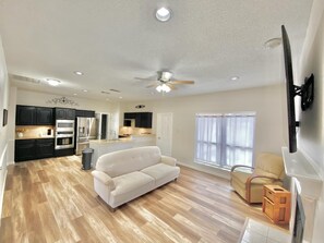 Smart TV, fireplace, table football