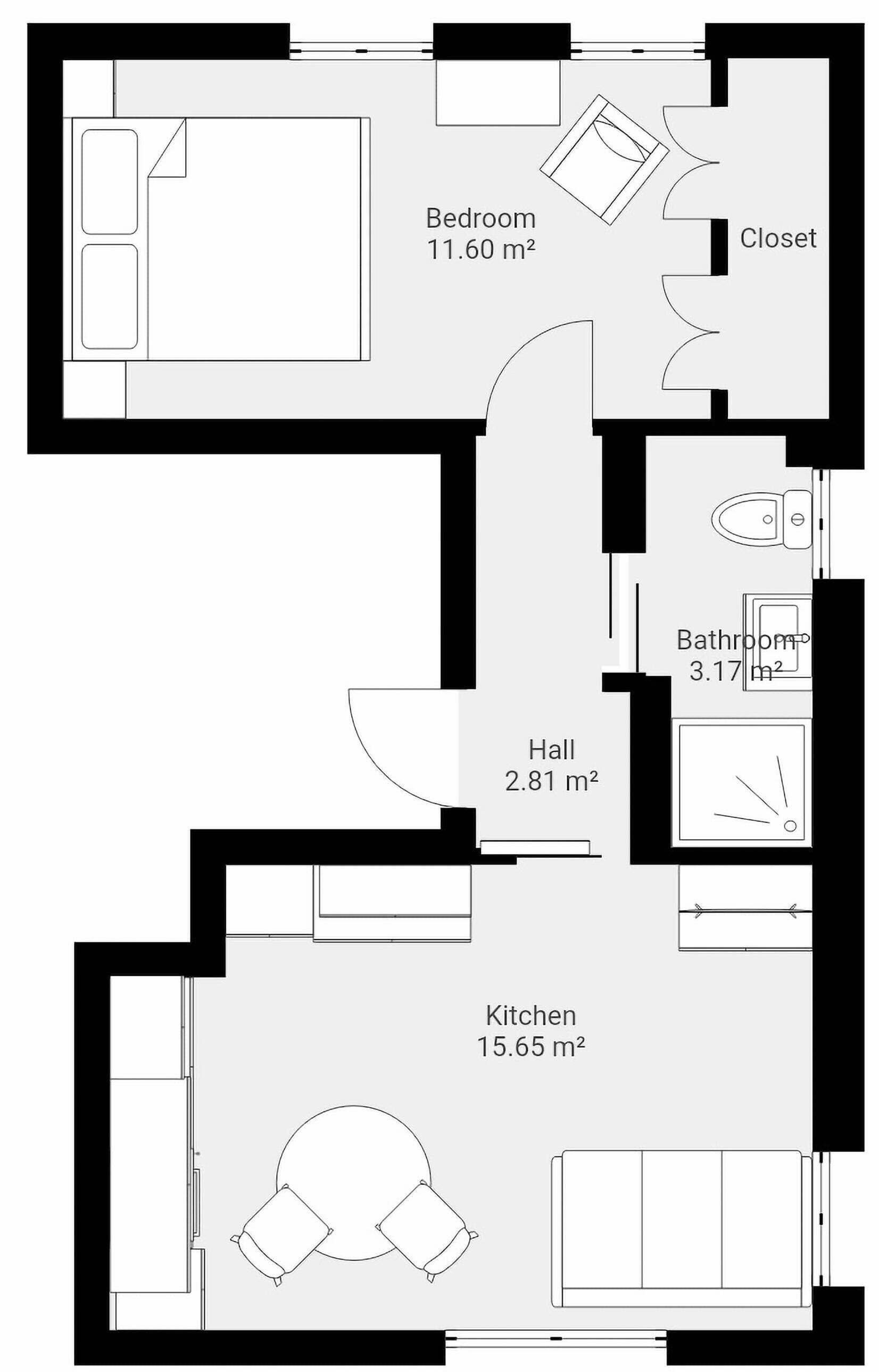 Un plan d’étage comprenant une chambre (11,60 m²), un placard, une salle de bain (3,17 m²), un hall (2,81 m²) et une cuisine (15,65 m²).