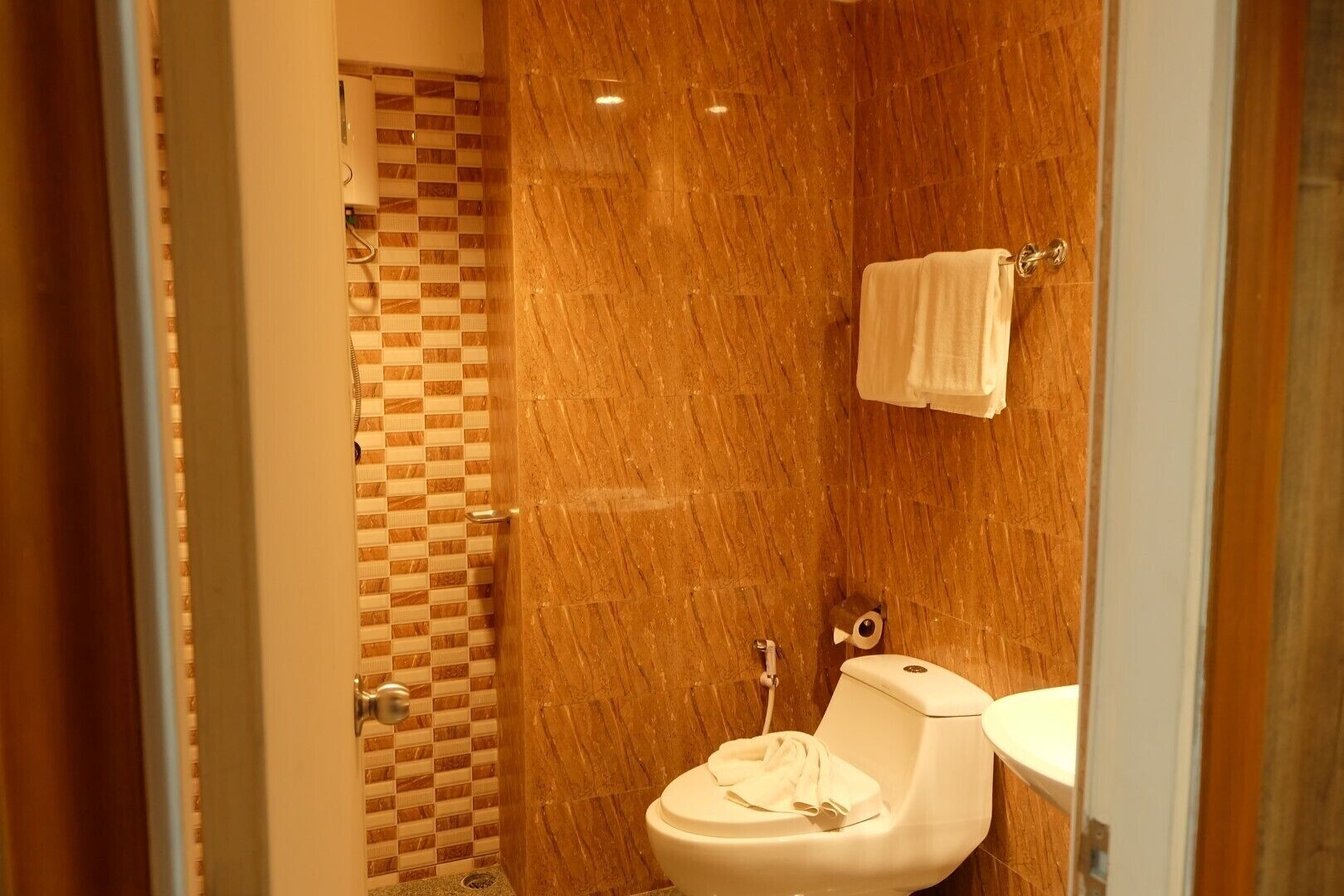 Een badkamer met een douche, toilet en een handdoek aan de muur.