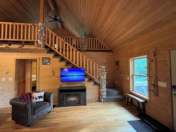 TV, fireplace, books, offices