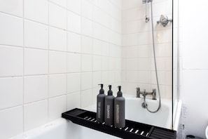 Hair dryer, towels, soap, shampoo