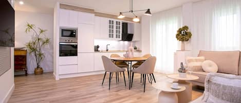 Fridge, microwave, oven, dishwasher