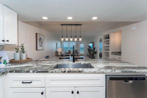 Fridge, microwave, stovetop, dishwasher - Seville 405 - Beachfront Condo Private Balcony, 2 Pools (South Padre Island)