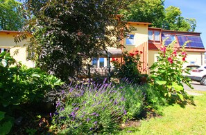 A yellow building with a wooden deck, surrounded by lush greenery and purple flowers.