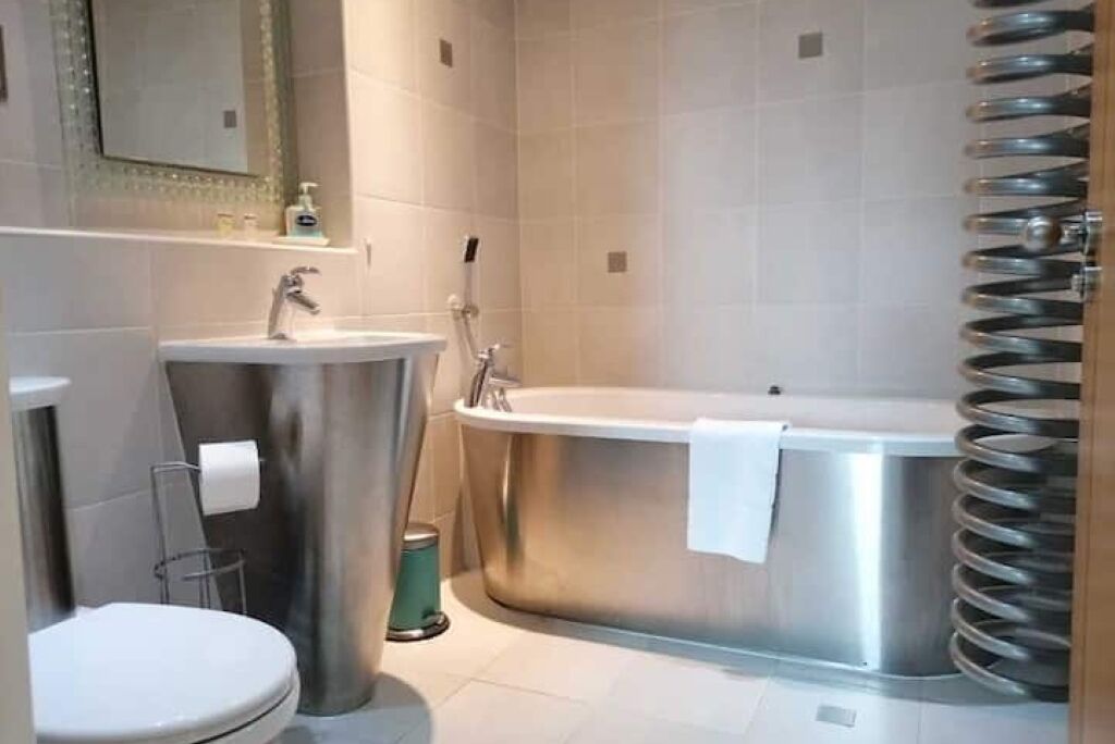 Hair dryer, towels, soap, toilet paper
