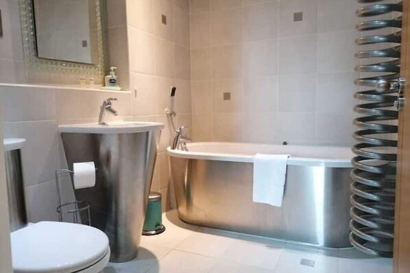 Hair dryer, towels, soap, toilet paper