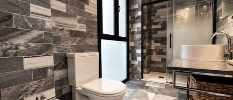A modern bathroom with a toilet, bidet, and shower area.