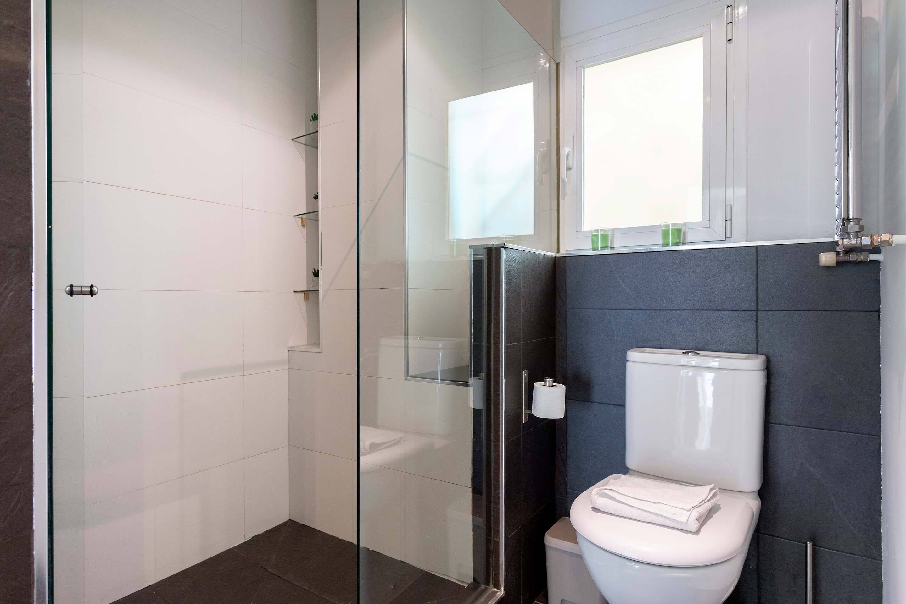 Une salle de bain moderne avec une douche à l’italienne en verre, des toilettes blanches et un mur recouvert de carreaux foncés.
