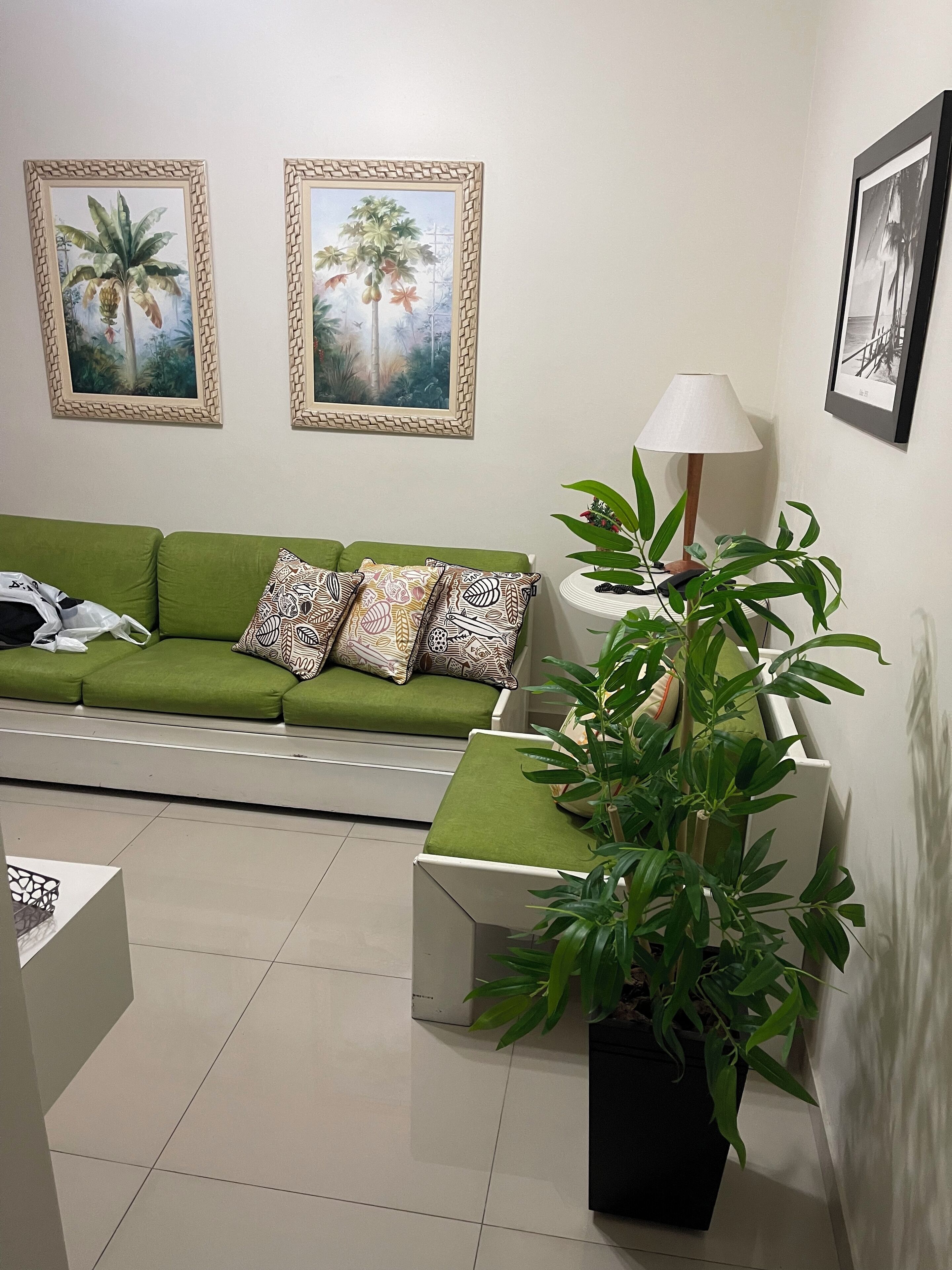 Un salon avec un canapé vert, des coussins à motifs, une table d’appoint avec une lampe, et deux tableaux encadrés accrochés au mur.