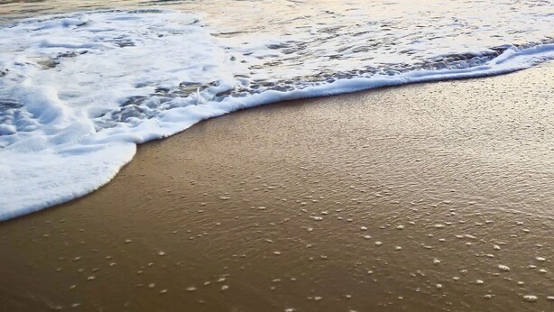 A beach with waves gently lapping onto the shore, distant islands, and a clear sky. - Flat Golden Beach Pitangueiras with Sea View (Guarujá)