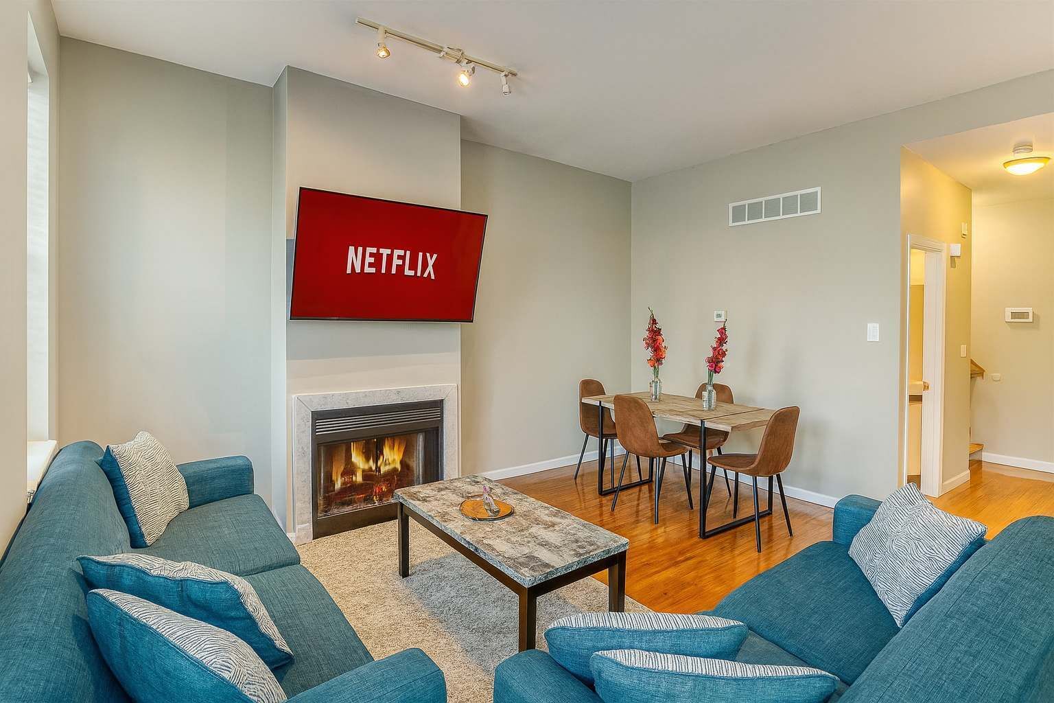 TV, fireplace, offices