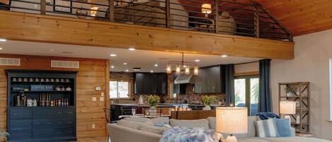 TV, fireplace, books, offices