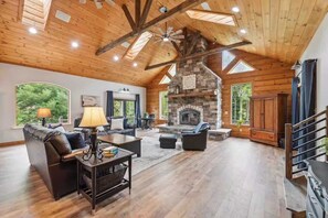 TV, fireplace, books, offices