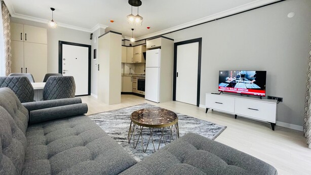 A modern living room with a grey sofa, a coffee table, and a TV on a stand.