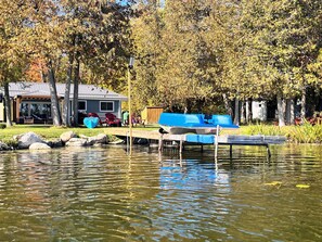 A lakeside property with a dock, a covered seating area, and a house in the background.