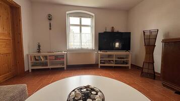 Ein Wohnzimmer mit Kamin, Fernseher und Bücherregal.