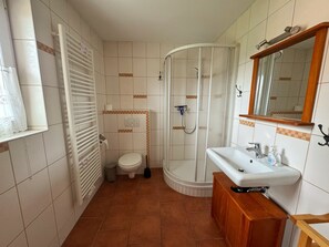 Une salle de bain équipée de toilettes, d’une douche, d’un lavabo et d’un miroir.