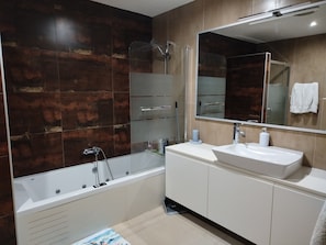 Shower, jetted tub, bidet, soap