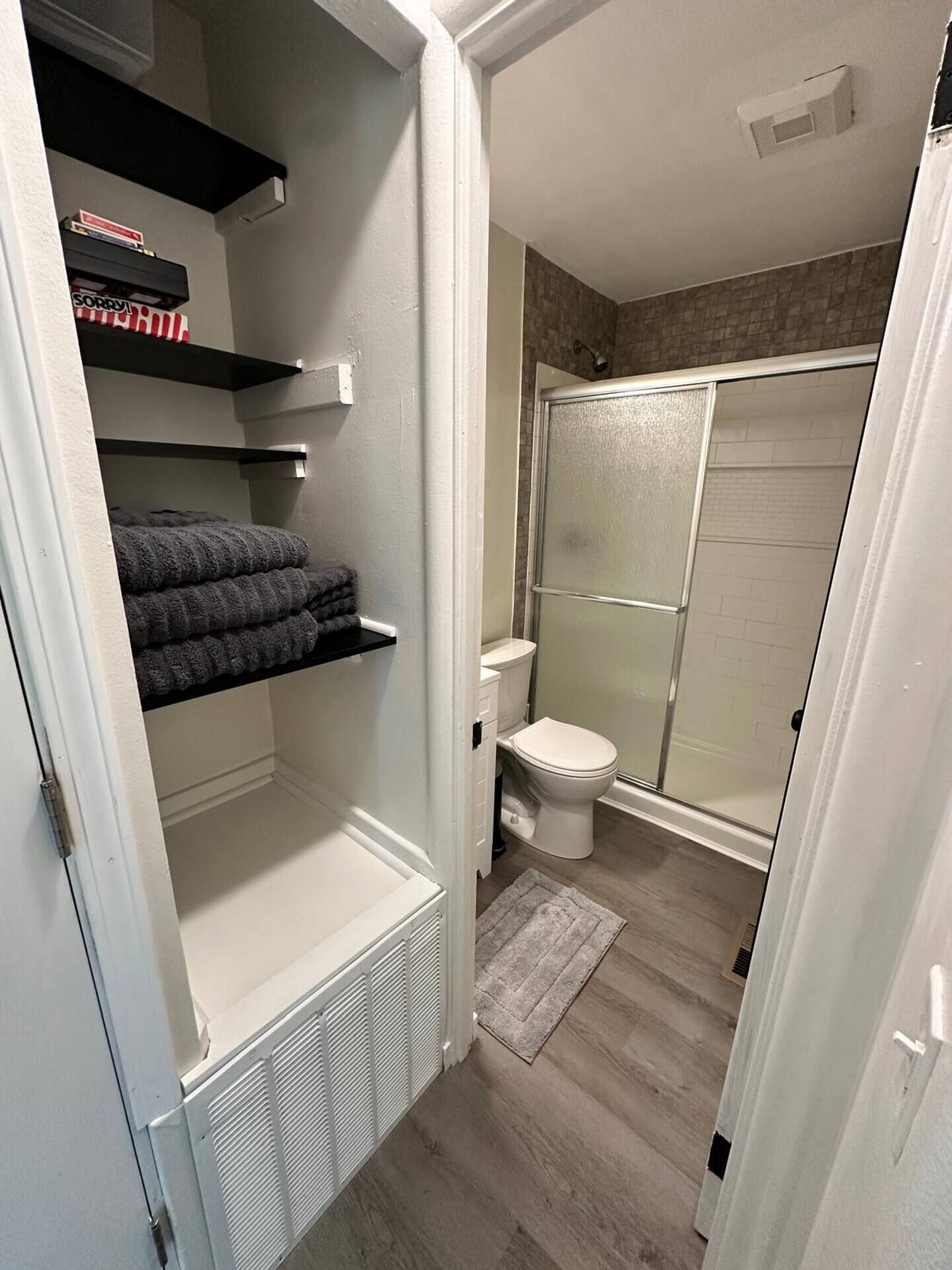 Hair dryer, towels, soap, toilet paper