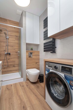 Shower, hair dryer, towels