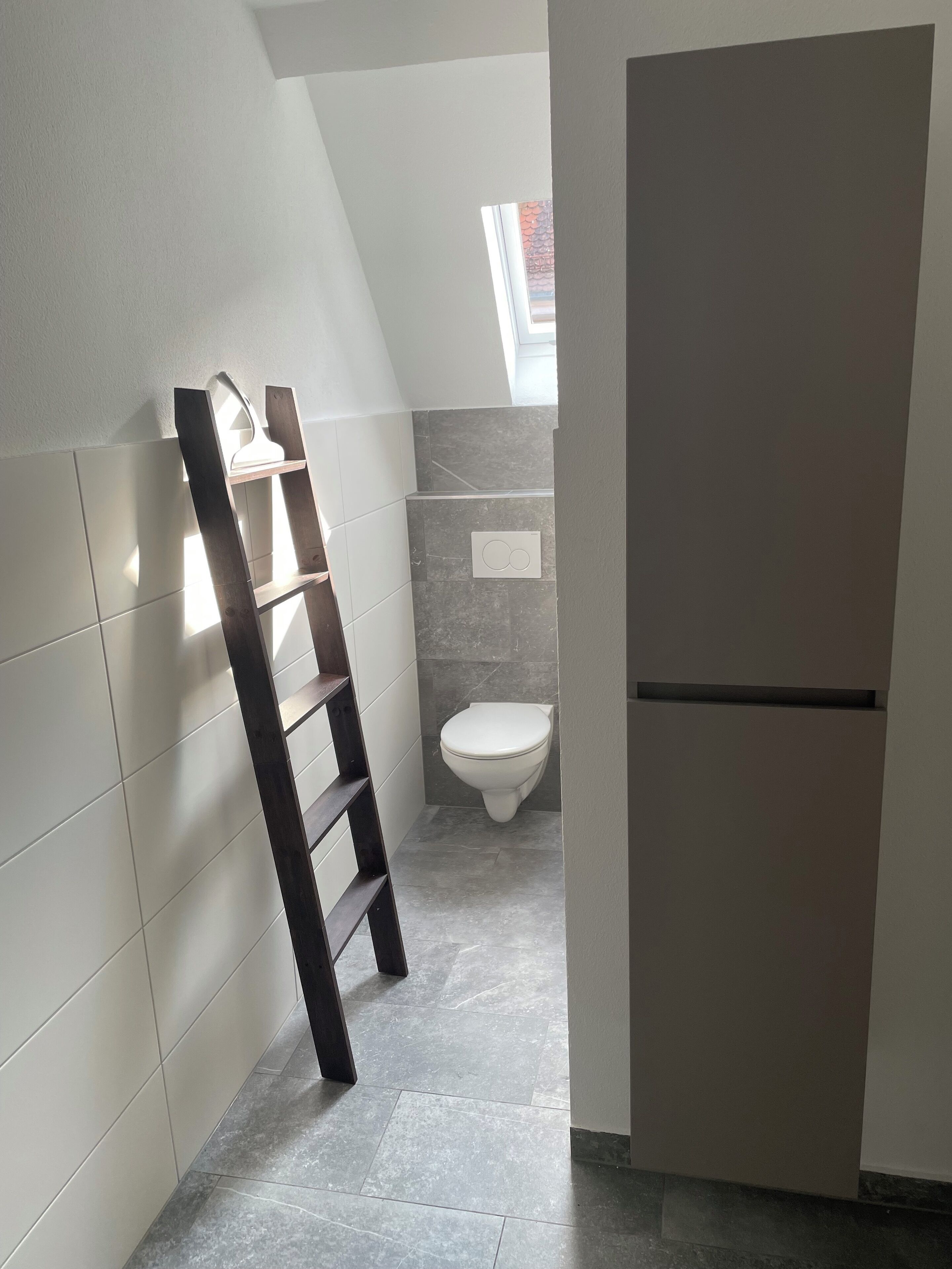 A compact bathroom with a toilet, a wooden ladder, and a built-in shelf.