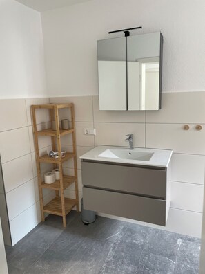 Hair dryer, towels, toilet paper