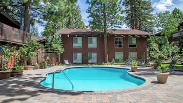 A swimming pool with a brick deck, surrounded by lounge chairs and potted plants.