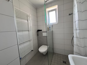 Douche, séchoir à cheveux, serviettes fournies, savon