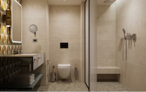 Shower, free toiletries, hair dryer, bathrobes