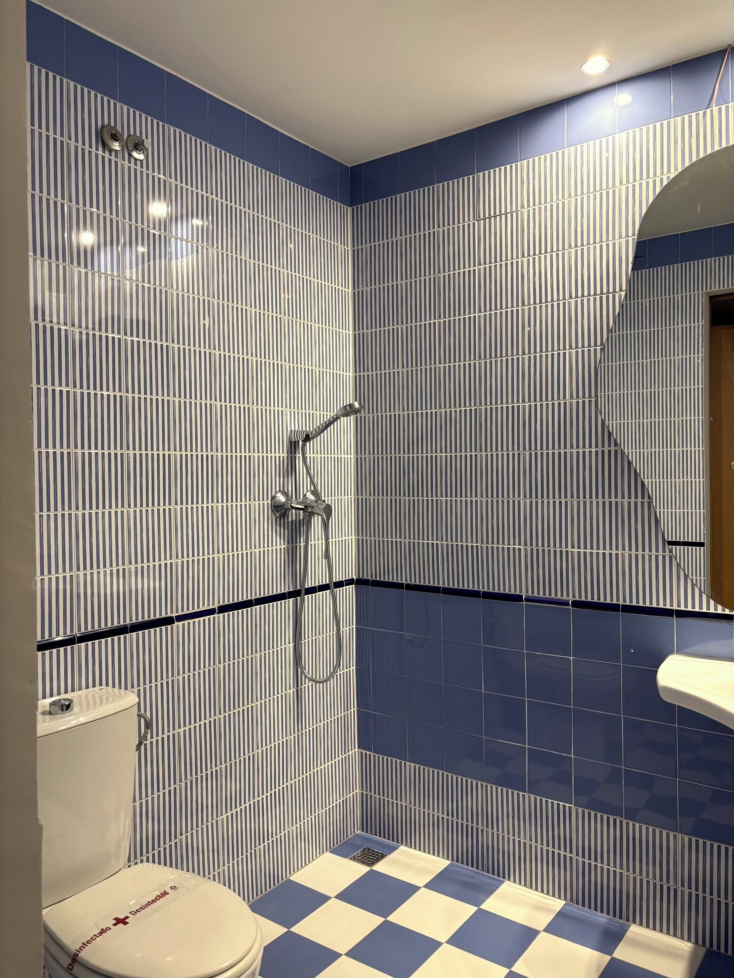 A bathroom with a checkered floor, a toilet, and a shower with a curved wall.