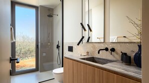 Shower, hair dryer, towels