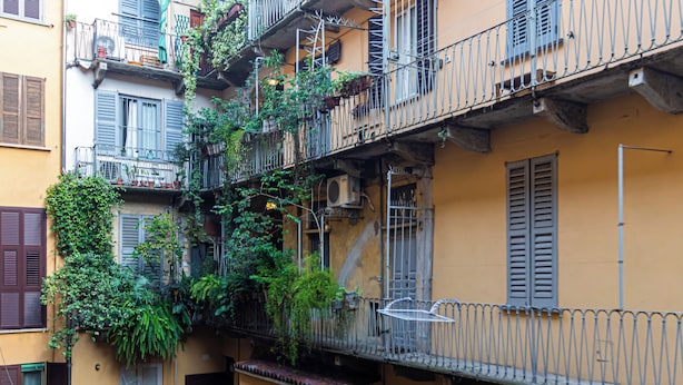 Un immeuble à plusieurs étages doté de balcons, dont certains sont ornés de plantes et de verdure.