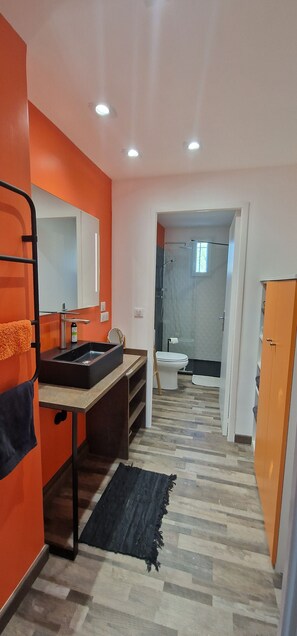 Dusche, Haartrockner, Handtücher, Toilettenpapier