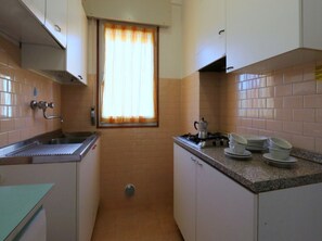 Fridge, microwave, stovetop, cookware/dishes/utensils
