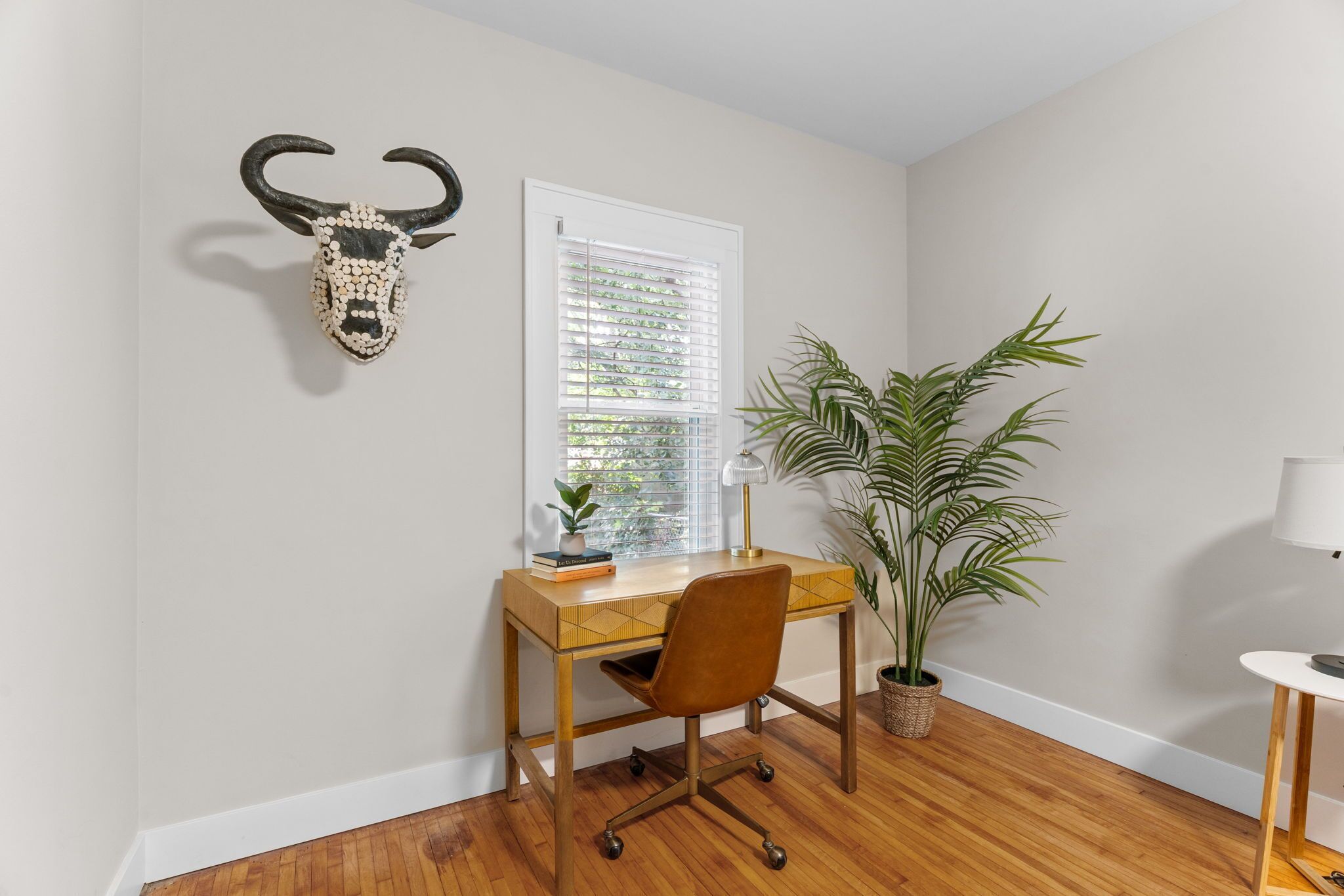 Una habitación con un escritorio de madera, una silla, una planta en maceta, una decoración de cráneo de toro y una ventana con persianas.
