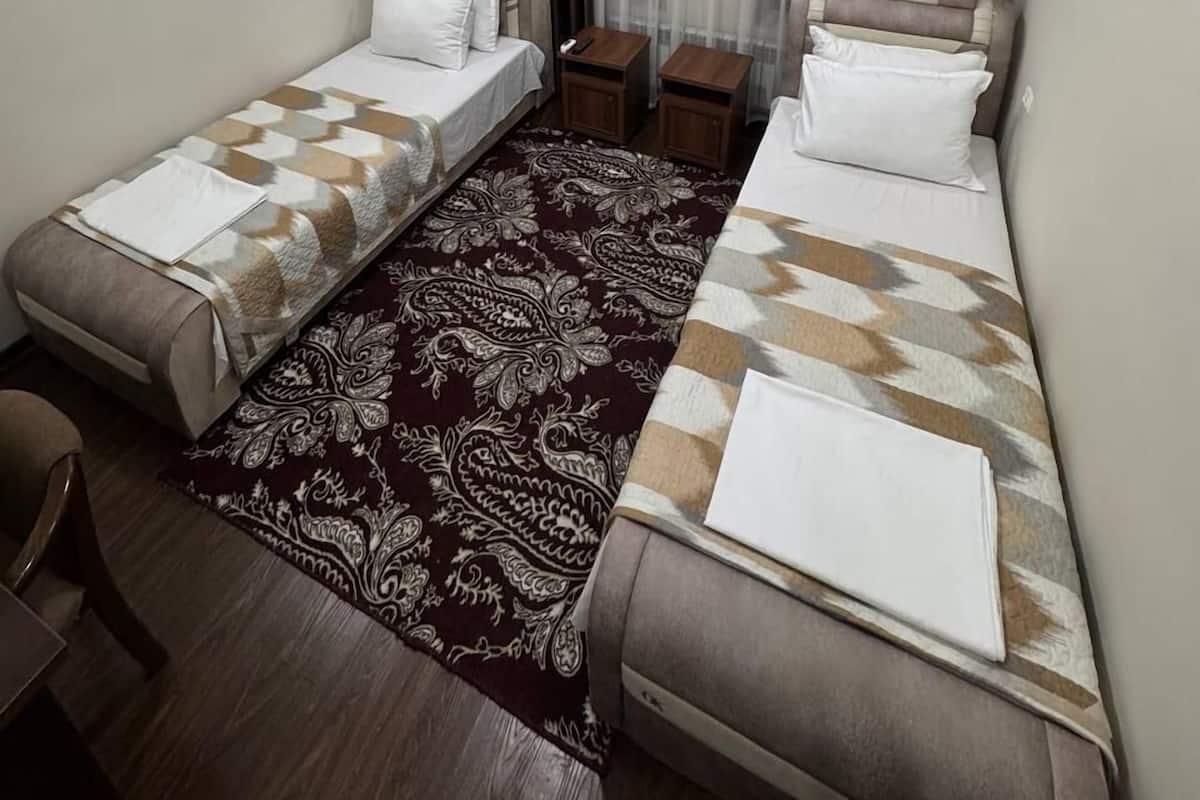 Een hotelkamer met twee enkele bedden, een kamerkleed met dessin, een kleine tafel en een raam met gordijnen.