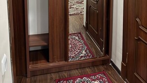 A wooden wardrobe with a mirrored door, a hanging shoe rack, and a patterned rug.