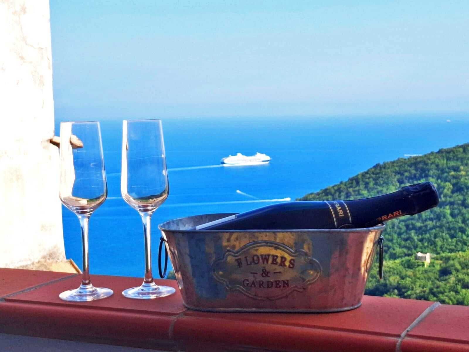 Ein Metall-Eimer mit dem Aufdruck „Flowers & Garden“, eine Champagnerflasche, zwei leere Weingläser und im Hintergrund ein Panoramablick auf das Meer und ein Kreuzfahrtschiff.