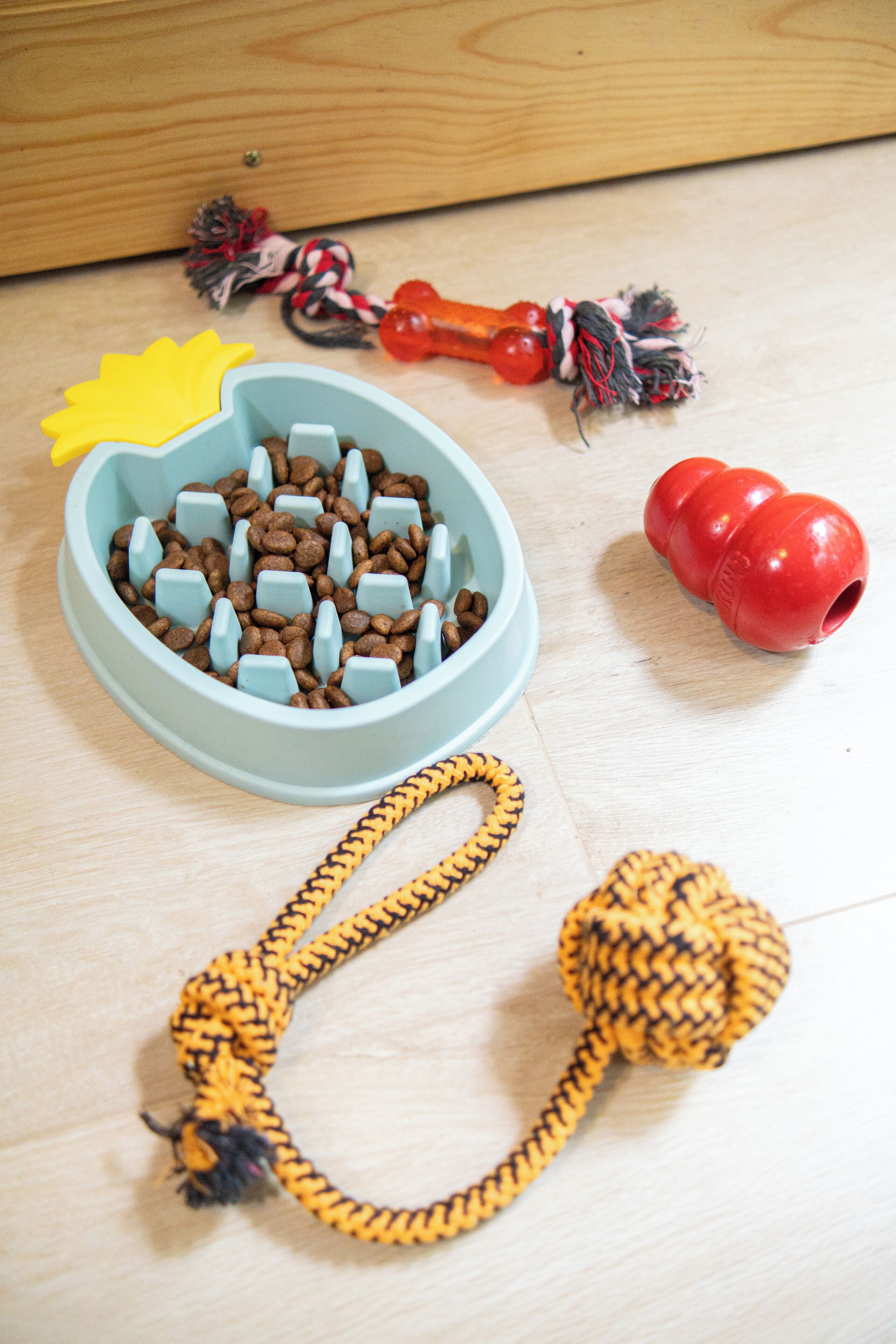 A pet food bowl filled with kibble, a red chew toy, and a yellow rope toy on a wooden surface.