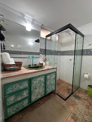 Hair dryer, towels, soap, toilet paper