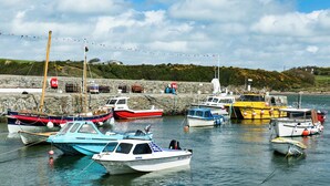 A marina with various boats docked, a stone wall, and a grassy hill in the background. - 6 Gwelfor Estate (Cemaes Bay)