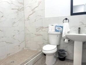 Hair dryer, towels, soap, shampoo