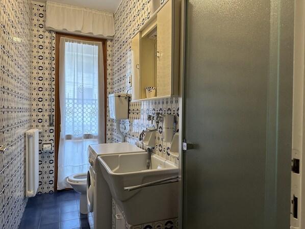 Un baño con inodoro, lavamanos y ducha.