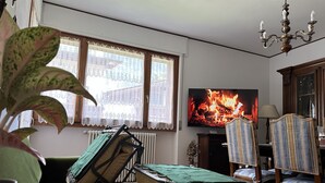 Una sala de estar con un sofá, un televisor mostrando un fuego y un radiador.