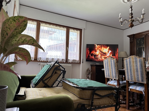A living room with a sofa, a television displaying a fire, and a radiator.