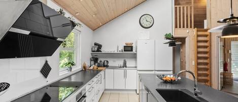 Fridge, stovetop, dishwasher, coffee/tea maker