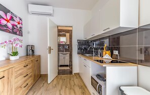 Fridge, microwave, stovetop, coffee/tea maker