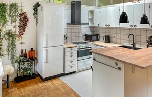 Fridge, stovetop, dishwasher, coffee/tea maker