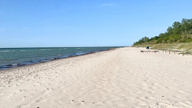 Une vaste plage de sable fin, avec des vagues douces, un ciel dégagé et une végétation clairsemée sur la droite.