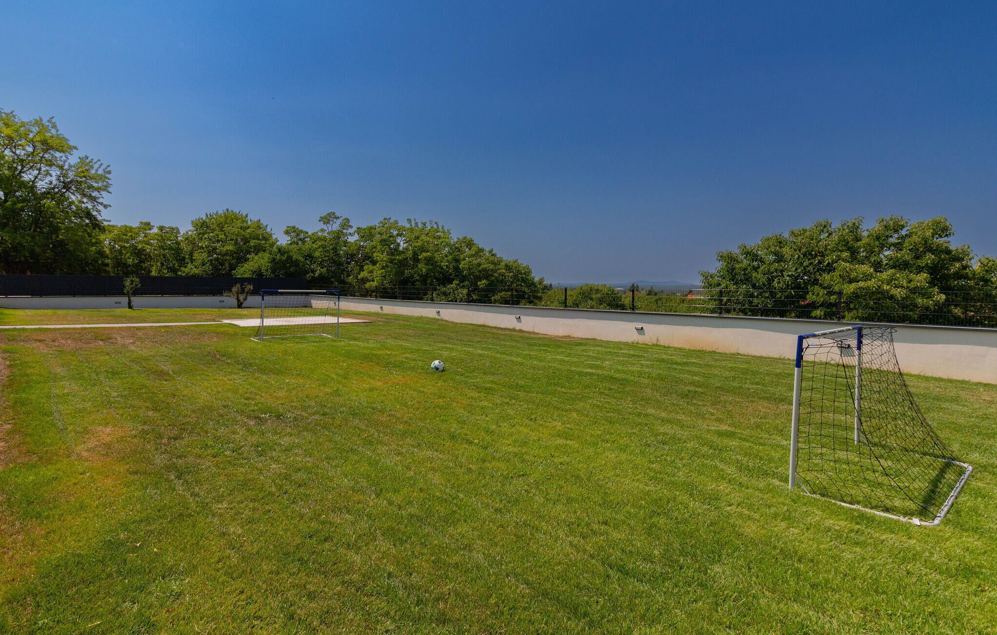 A grassy field with a soccer goal, trees, and a fence.